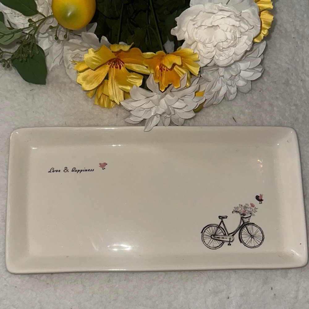 Magenta Ceramic Love & Happiness Bicycle Rectangular Tray White Serving Dish